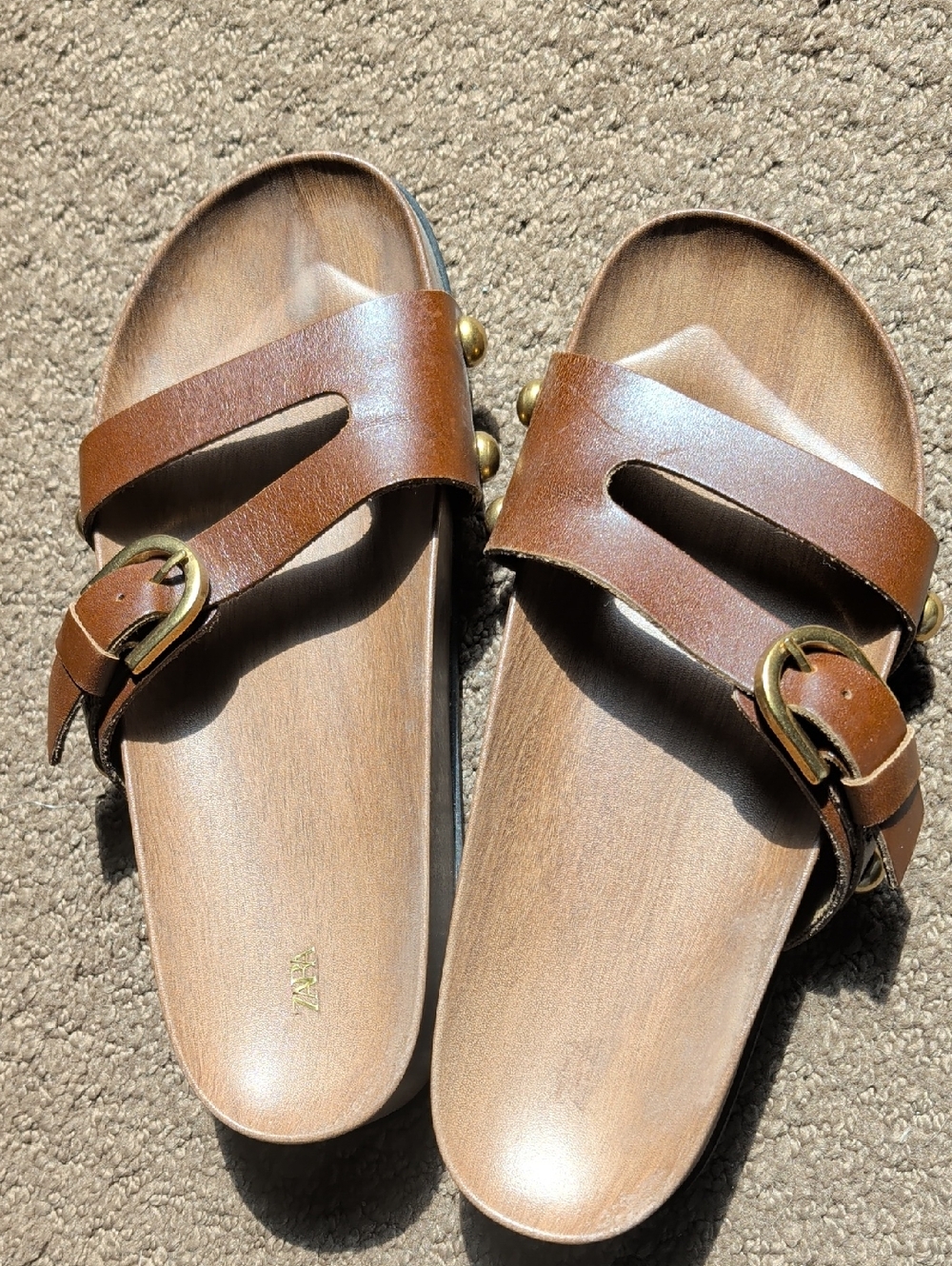 ZARA - Brown Leather Slide Sandals with Brass Buckles